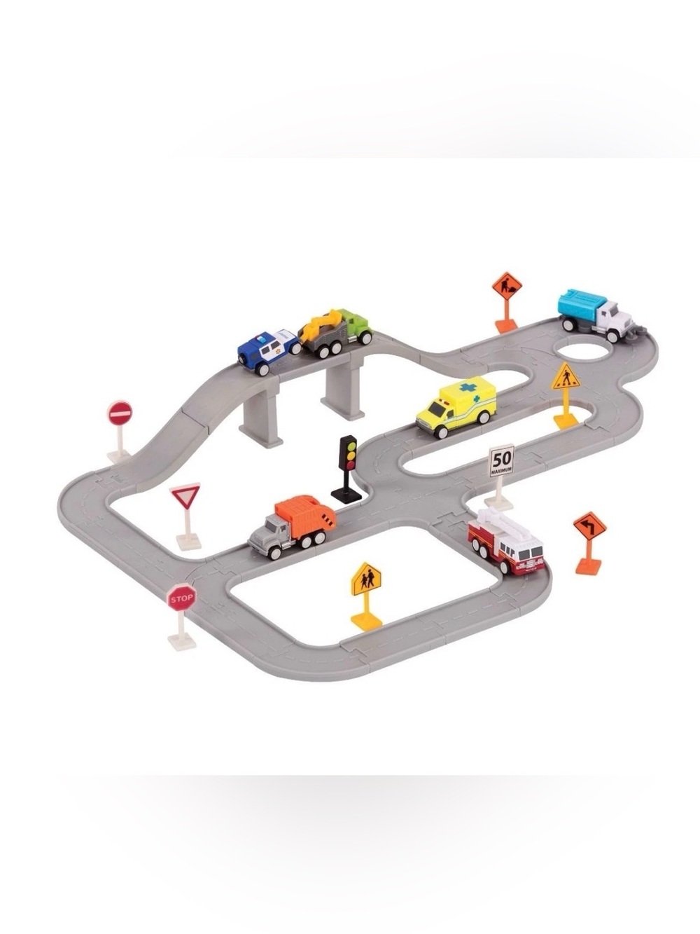 Kids Road Playset with Colorful Vehicles and Signs - Gray Track